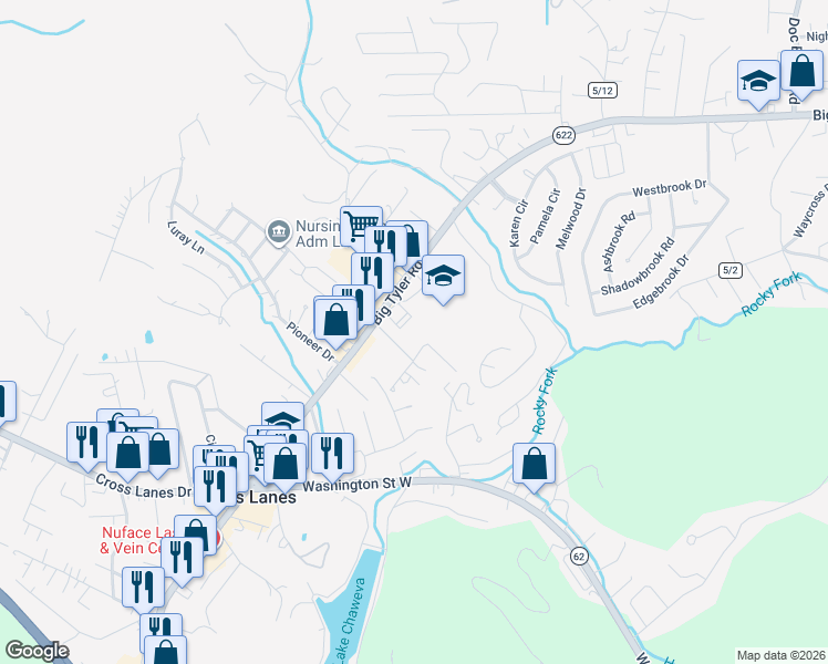 map of restaurants, bars, coffee shops, grocery stores, and more near 5453 Briar Meadow Road in Cross Lanes