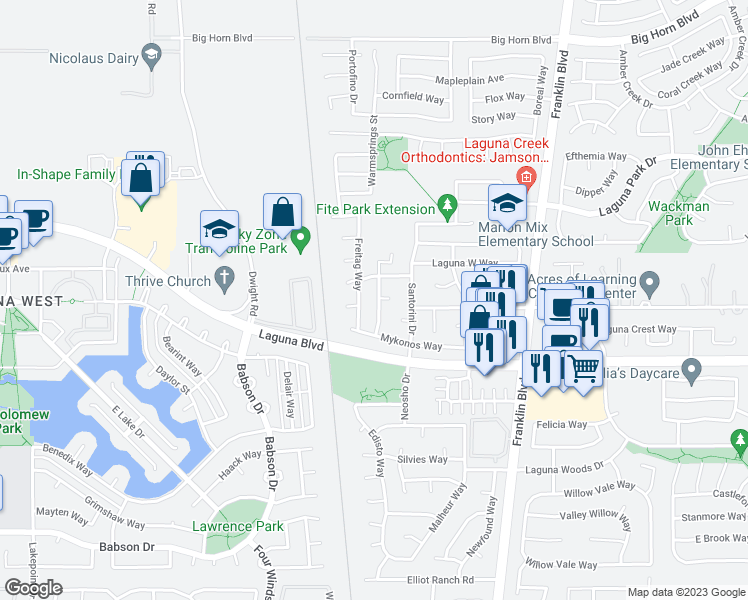 map of restaurants, bars, coffee shops, grocery stores, and more near 9146 Naxos Way in Elk Grove