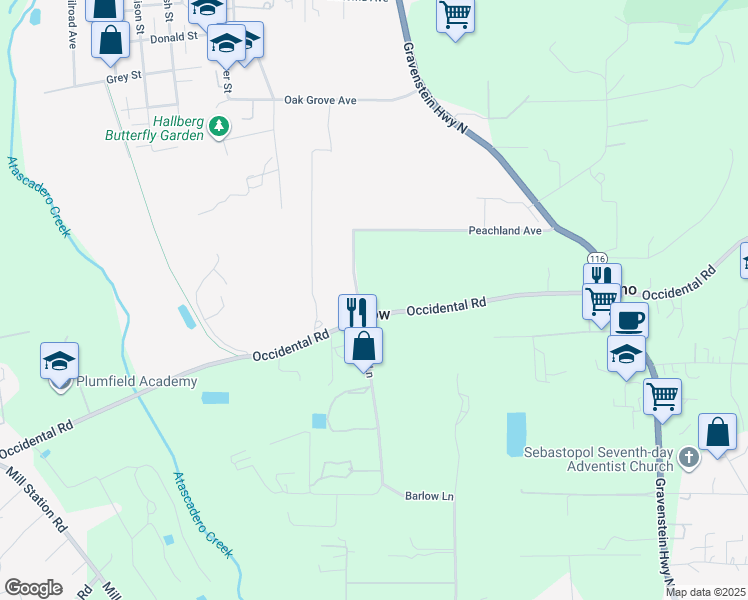 map of restaurants, bars, coffee shops, grocery stores, and more near 2103 Peachland Avenue in Sebastopol