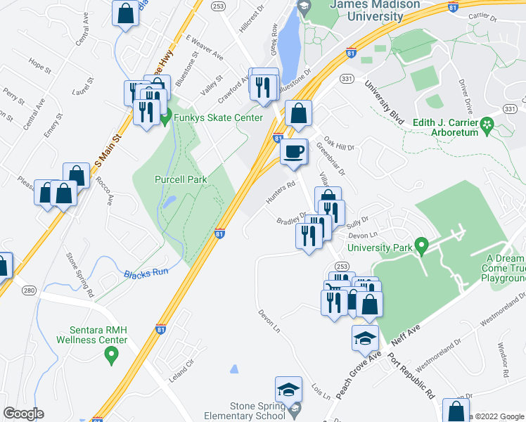 map of restaurants, bars, coffee shops, grocery stores, and more near 1350 Hunters Road in Harrisonburg