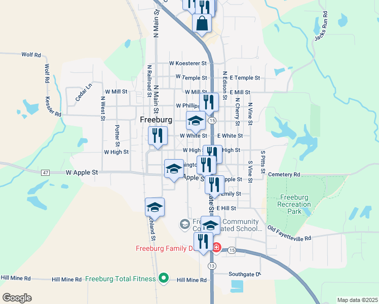map of restaurants, bars, coffee shops, grocery stores, and more near 205 West High Street in Freeburg