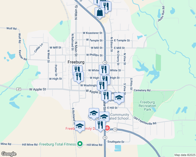 map of restaurants, bars, coffee shops, grocery stores, and more near 102 South Alton Street in Freeburg
