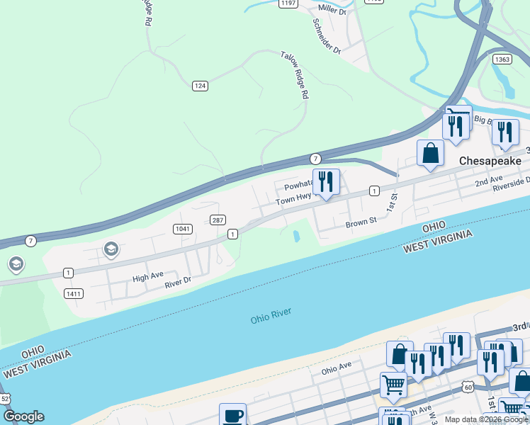 map of restaurants, bars, coffee shops, grocery stores, and more near 39 Township Road 124 in Chesapeake