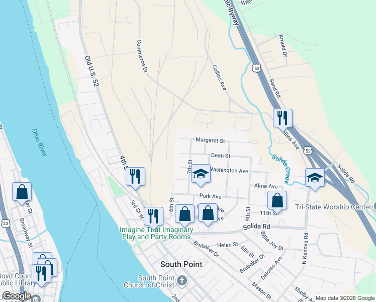 map of restaurants, bars, coffee shops, grocery stores, and more near 108 7th Street in South Point