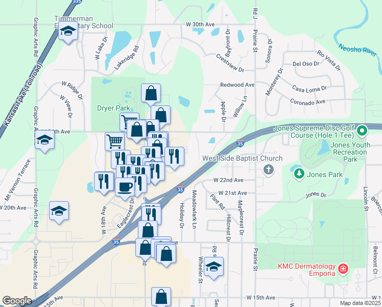 map of restaurants, bars, coffee shops, grocery stores, and more near 2300 Industrial Road in Emporia