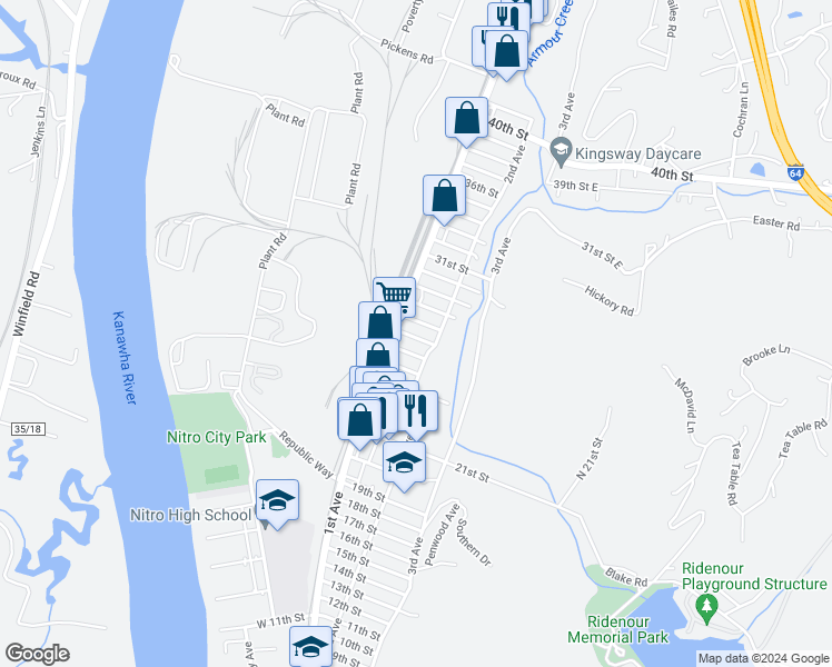 map of restaurants, bars, coffee shops, grocery stores, and more near 2607 26th St in Nitro
