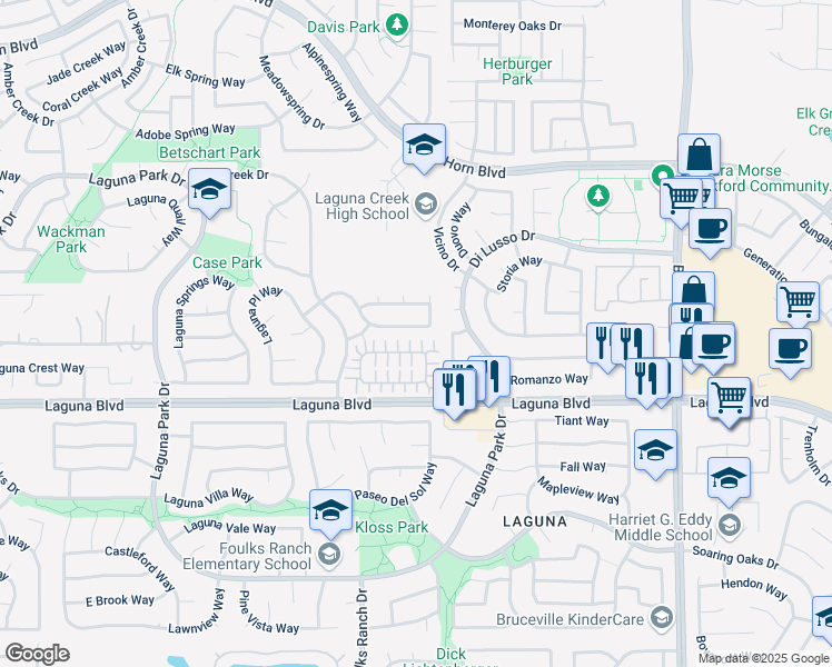 map of restaurants, bars, coffee shops, grocery stores, and more near 6500 Shasta Creek Way in Elk Grove