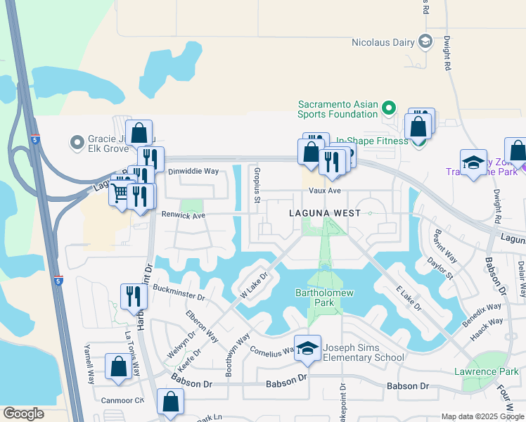 map of restaurants, bars, coffee shops, grocery stores, and more near 141 Renwick Avenue in Elk Grove