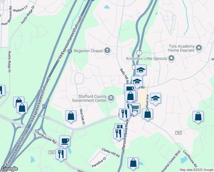 map of restaurants, bars, coffee shops, grocery stores, and more near 124 Oak Drive in Stafford