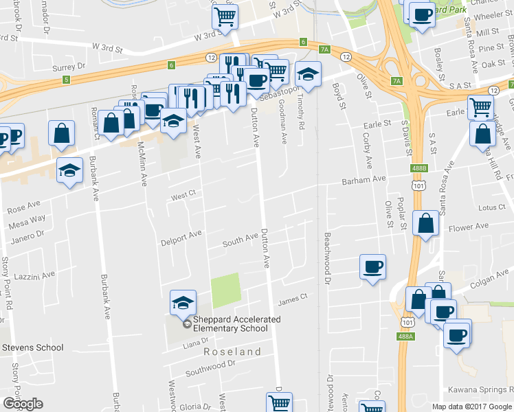 map of restaurants, bars, coffee shops, grocery stores, and more near 1109 Dutton Ave in Santa Rosa