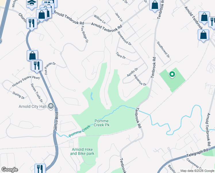 map of restaurants, bars, coffee shops, grocery stores, and more near 2784 Pomme Meadows Dr in Arnold