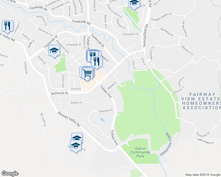 map of restaurants, bars, coffee shops, grocery stores, and more near 2306 Maher Drive in Santa Rosa