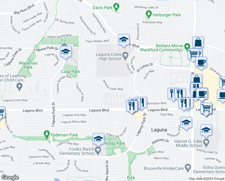 map of restaurants, bars, coffee shops, grocery stores, and more near 6400 Shasta Creek Way in Elk Grove