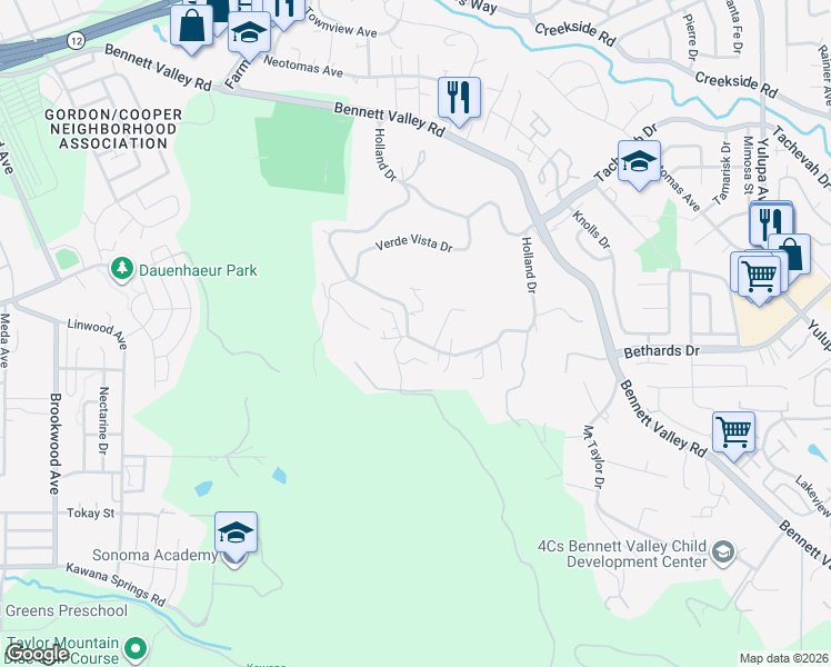 map of restaurants, bars, coffee shops, grocery stores, and more near 3735 Holland Drive in Santa Rosa