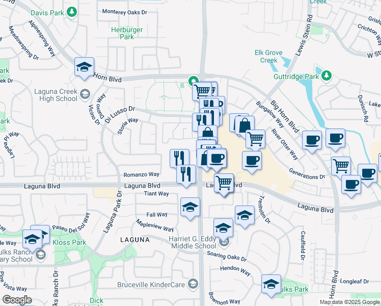map of restaurants, bars, coffee shops, grocery stores, and more near 9150 Bruceville Road in Elk Grove