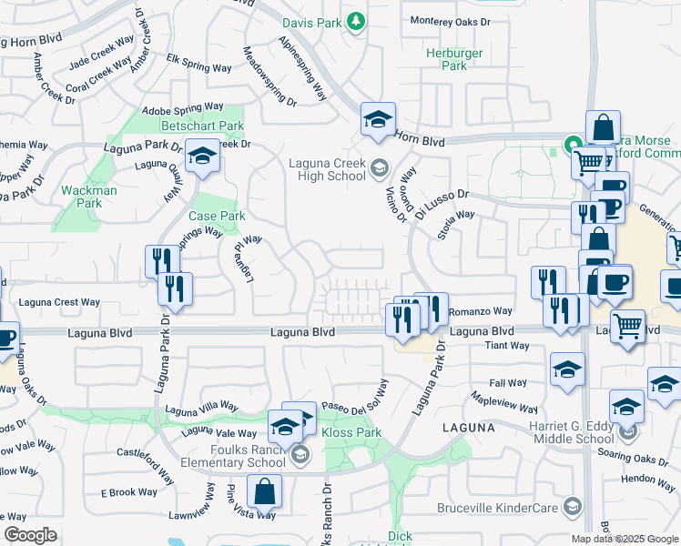 map of restaurants, bars, coffee shops, grocery stores, and more near 6344 Shasta Creek Way in Elk Grove