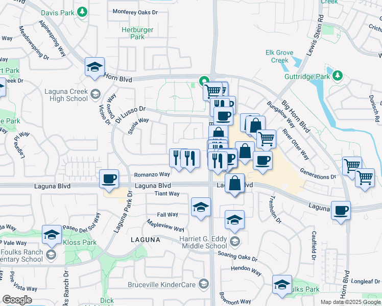 map of restaurants, bars, coffee shops, grocery stores, and more near 9150 Bruceville Road in Elk Grove