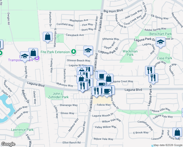map of restaurants, bars, coffee shops, grocery stores, and more near in Elk Grove