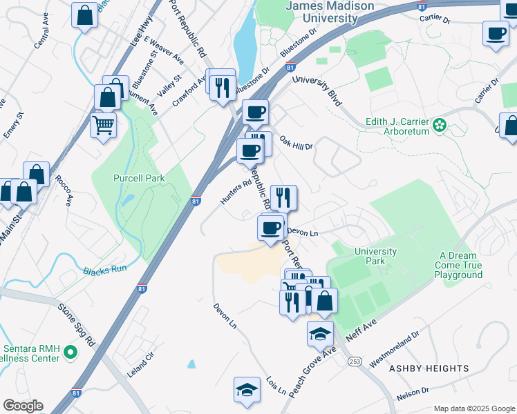map of restaurants, bars, coffee shops, grocery stores, and more near 1339 Bradley Drive in Harrisonburg