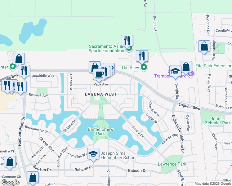 map of restaurants, bars, coffee shops, grocery stores, and more near 3227 Renwick Avenue in Elk Grove