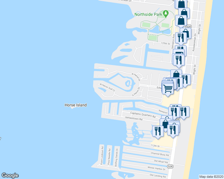 map of restaurants, bars, coffee shops, grocery stores, and more near 305 North Heron Gull Court in Ocean City
