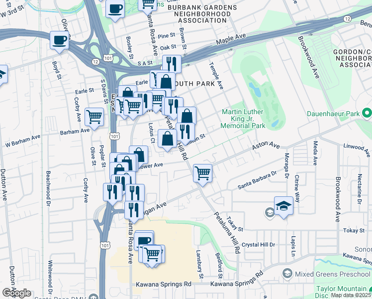 map of restaurants, bars, coffee shops, grocery stores, and more near 1310 Petaluma Hill Road in Santa Rosa