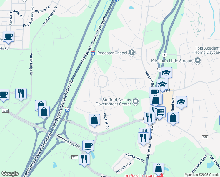 map of restaurants, bars, coffee shops, grocery stores, and more near 180 Executive Circle in Stafford