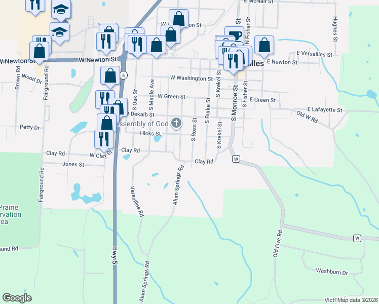 map of restaurants, bars, coffee shops, grocery stores, and more near 511 South Ross Street in Versailles