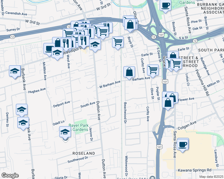 map of restaurants, bars, coffee shops, grocery stores, and more near 1160 Tara Drive in Santa Rosa