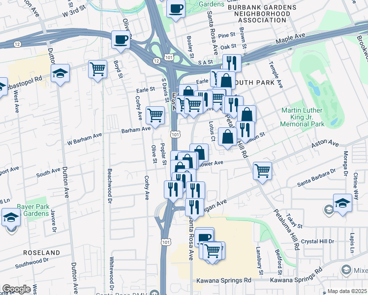 map of restaurants, bars, coffee shops, grocery stores, and more near 1275 Santa Rosa Avenue in Santa Rosa