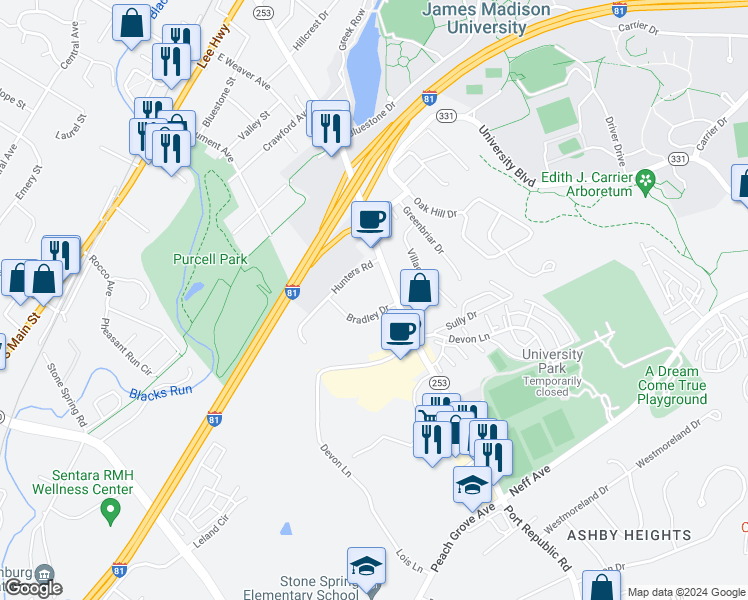 map of restaurants, bars, coffee shops, grocery stores, and more near 1341 Bradley Drive in Harrisonburg