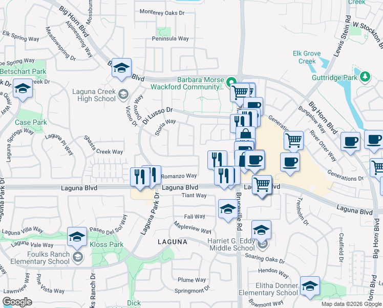 map of restaurants, bars, coffee shops, grocery stores, and more near 6843 Romanzo Way in Elk Grove
