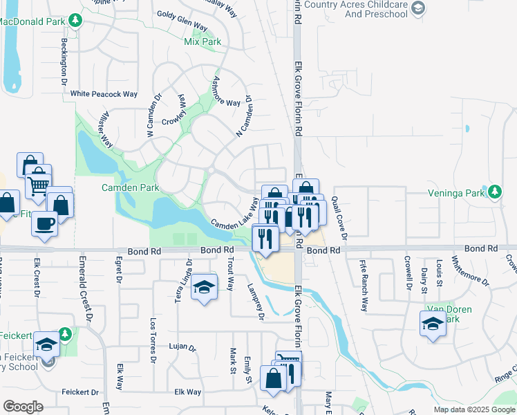map of restaurants, bars, coffee shops, grocery stores, and more near 8850 Chex Court in Elk Grove