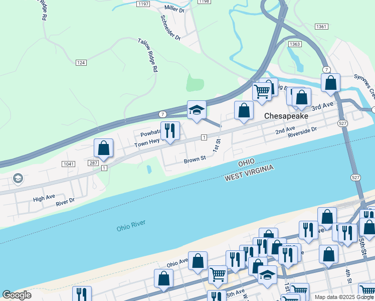 map of restaurants, bars, coffee shops, grocery stores, and more near 50 Township Road 1128 in Chesapeake