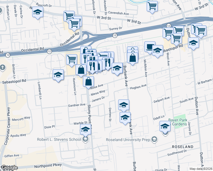 map of restaurants, bars, coffee shops, grocery stores, and more near 1015 Janero Drive in Santa Rosa