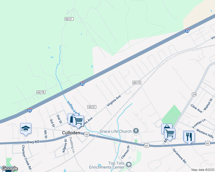 map of restaurants, bars, coffee shops, grocery stores, and more near 126 Meadow Drive in Culloden