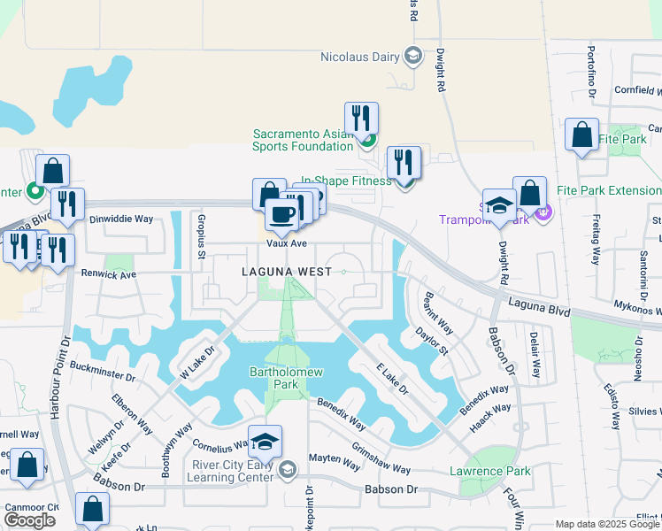map of restaurants, bars, coffee shops, grocery stores, and more near 3227 Renwick Avenue in Elk Grove