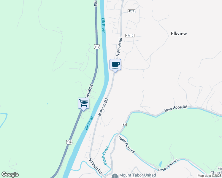 map of restaurants, bars, coffee shops, grocery stores, and more near 192 North Pinch Road in Elkview