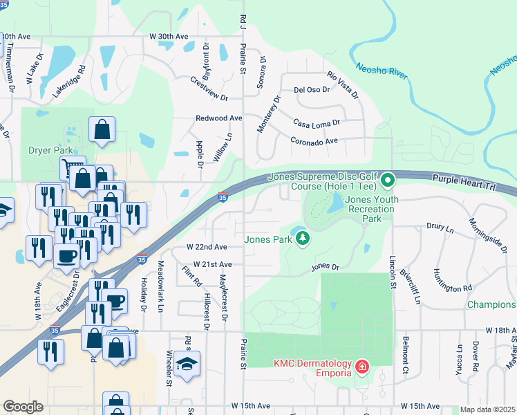 map of restaurants, bars, coffee shops, grocery stores, and more near 2030 West 24th Avenue in Emporia