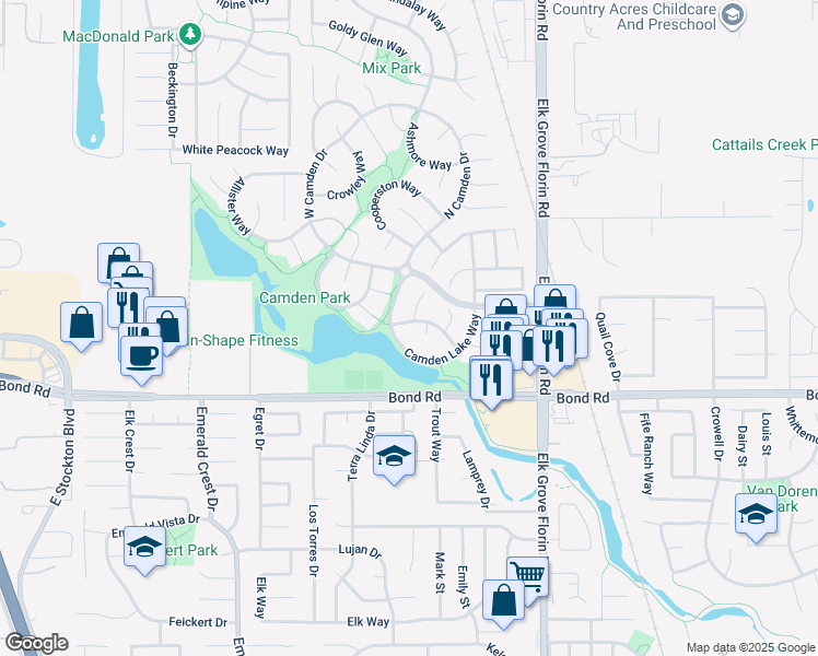 map of restaurants, bars, coffee shops, grocery stores, and more near 8804 San Badger Way in Elk Grove