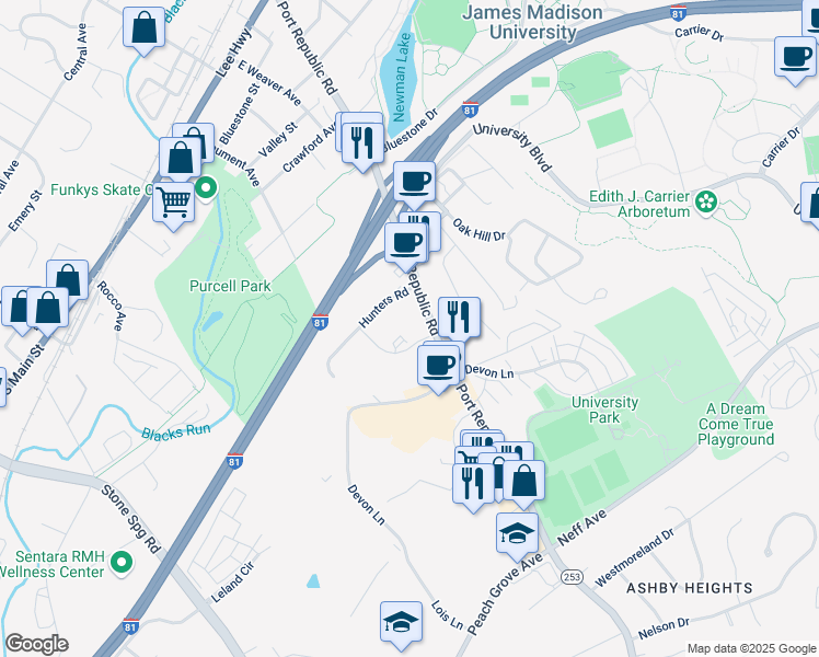 map of restaurants, bars, coffee shops, grocery stores, and more near 1339 Bradley Drive in Harrisonburg