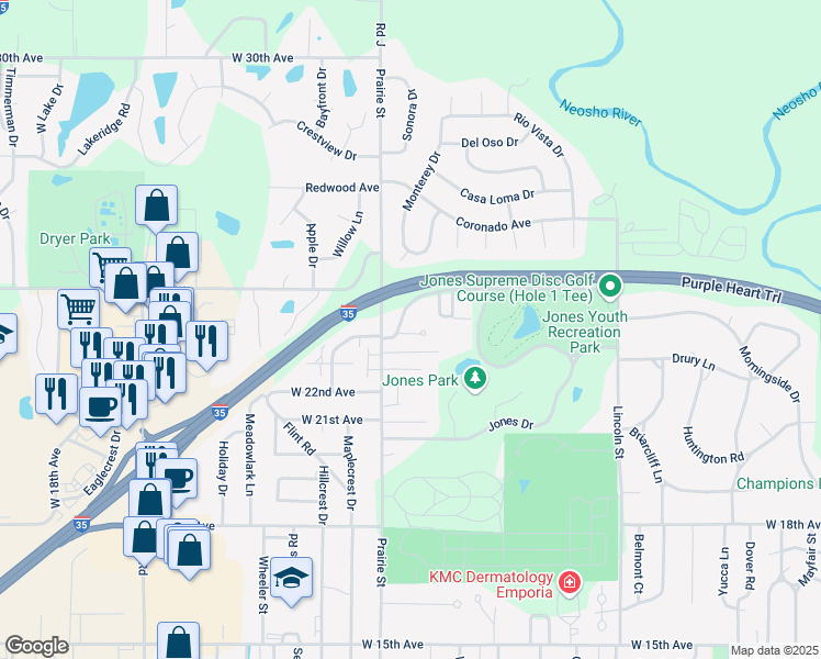 map of restaurants, bars, coffee shops, grocery stores, and more near 2030 West 24th Avenue in Emporia