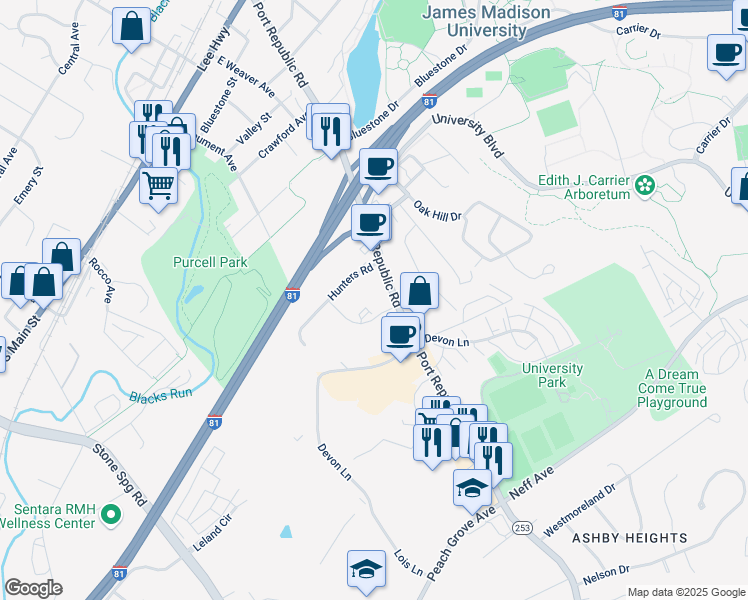 map of restaurants, bars, coffee shops, grocery stores, and more near 1345 Bradley Drive in Harrisonburg