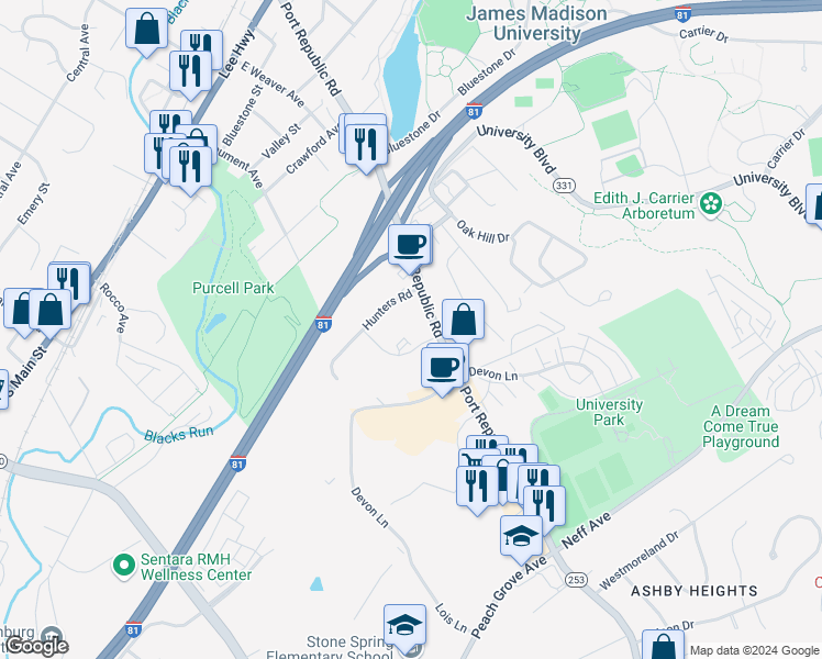 map of restaurants, bars, coffee shops, grocery stores, and more near 1345 Bradley Drive in Harrisonburg