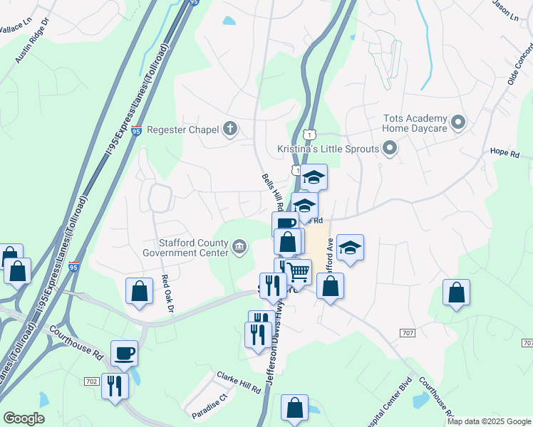 map of restaurants, bars, coffee shops, grocery stores, and more near 87 Chestnut Drive in Stafford