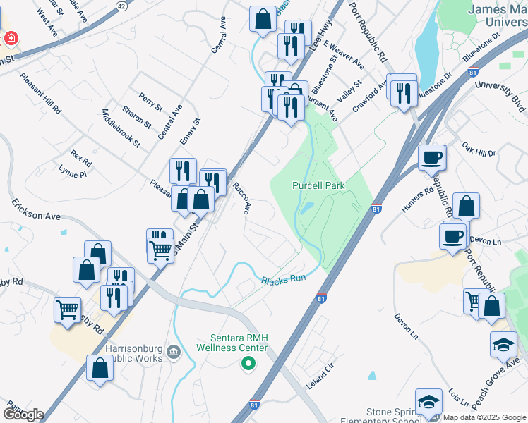 map of restaurants, bars, coffee shops, grocery stores, and more near 200-B Rocco Avenue in Harrisonburg