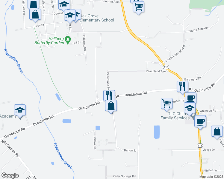map of restaurants, bars, coffee shops, grocery stores, and more near 2103 Peachland Avenue in Sebastopol