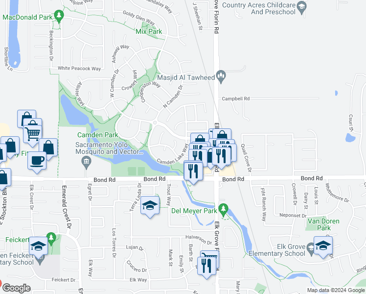 map of restaurants, bars, coffee shops, grocery stores, and more near 9215 Camden Lake Way in Elk Grove