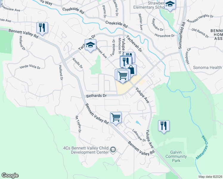 map of restaurants, bars, coffee shops, grocery stores, and more near 2257 Yucca Street in Santa Rosa