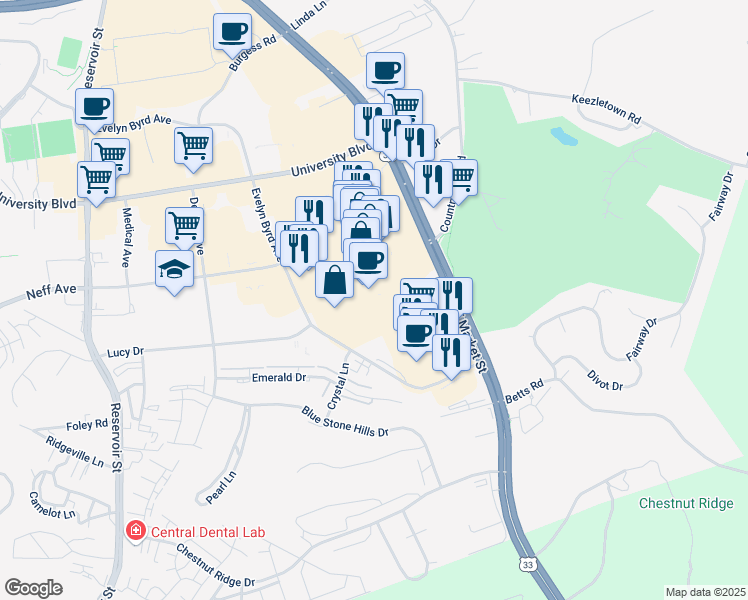 map of restaurants, bars, coffee shops, grocery stores, and more near 1995 East Market Street in Harrisonburg